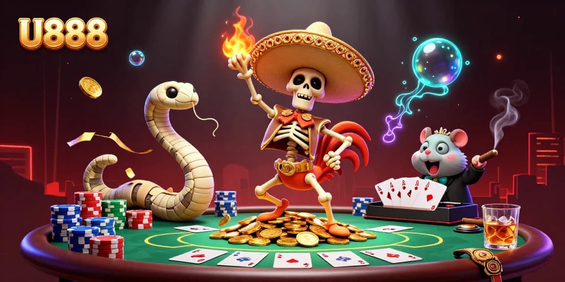 Experience the excitement of U888 with lively gaming characters dancing on golden coins.