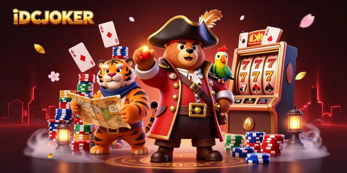 IDCJOKER showcases a pirate scene with characters engaging in betting and slot games.