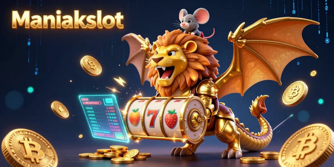 Experience thrilling wins at Maniakslot with a vibrant, dynamic 3D casino illustration.