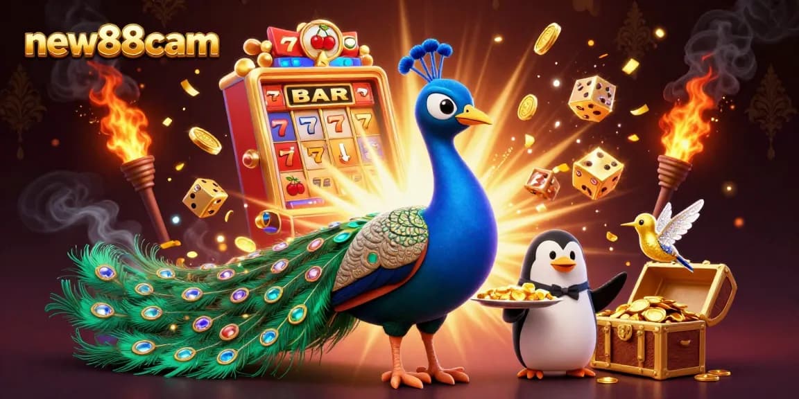 Experience jackpots and vibrant energy with new88cam, featuring a dazzling peacock, penguin butler, and golden hummingbird.