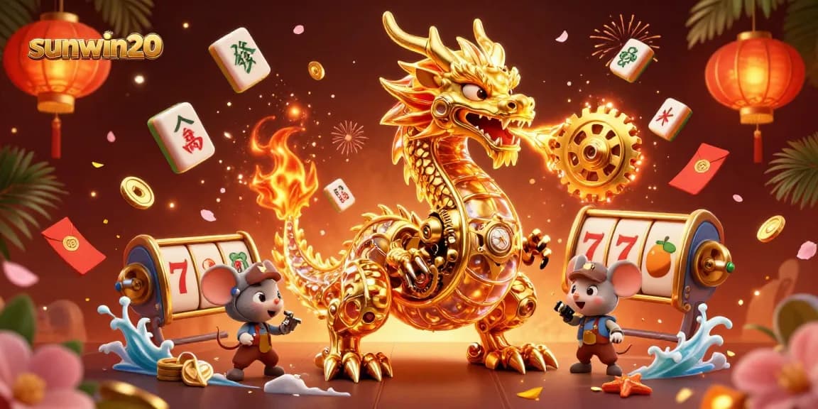 Experience sunwin20 with a golden dragon illustration surrounded by vibrant casino elements.