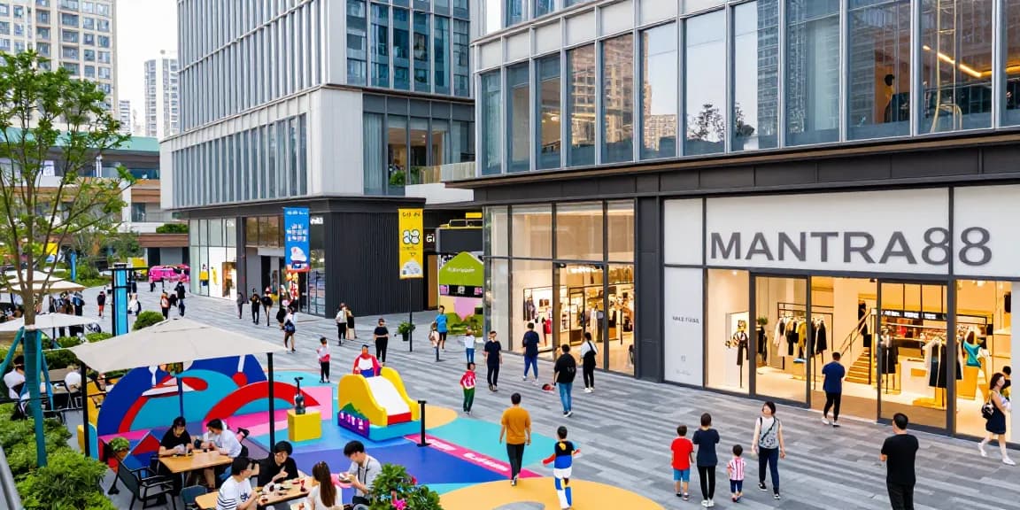 vibrant scene of MANTRA88 commercial complex, showcasing shopping and entertainment