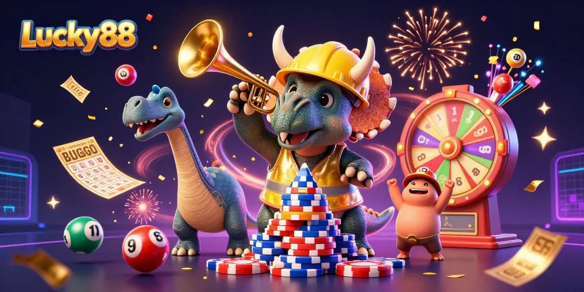 Win big with Lucky88's vibrant 3D casino celebration scene featuring exciting games and fun characters.