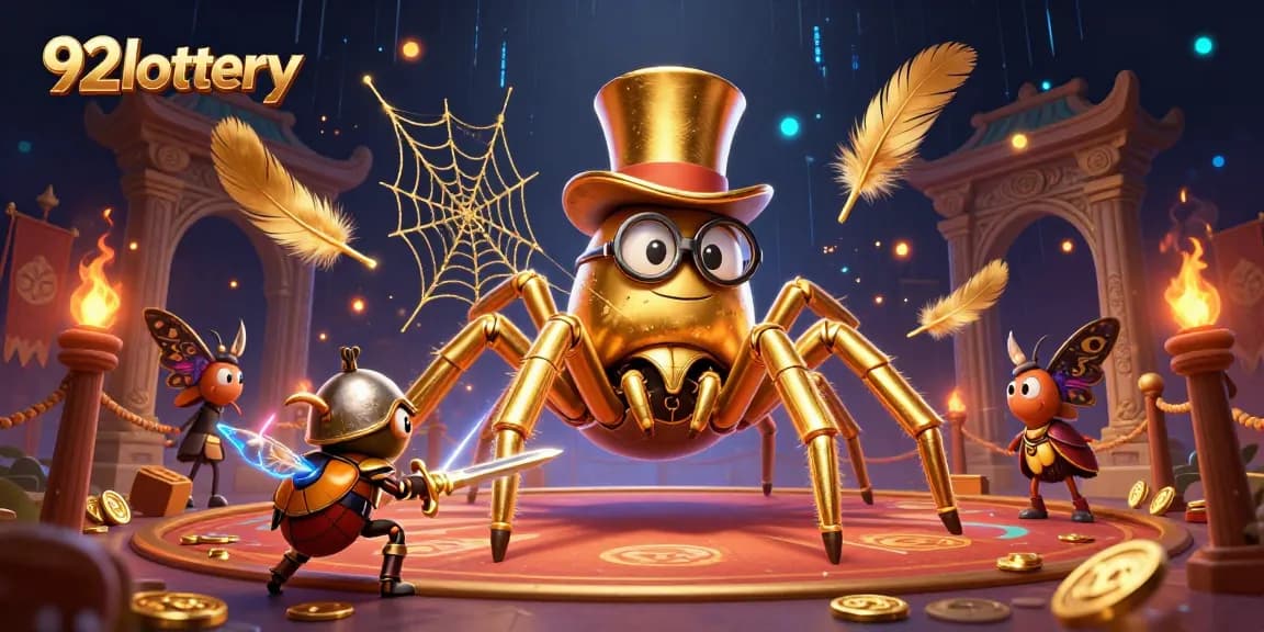 Join the 92lottery adventure featuring a golden tarantula and beetle knight in a casino-themed duel.