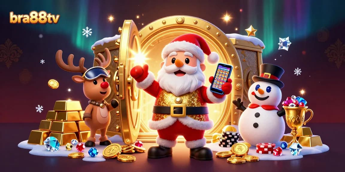 Experience jackpot excitement with bra88tv as Santa, a reindeer, and a snowman celebrate in a casino.