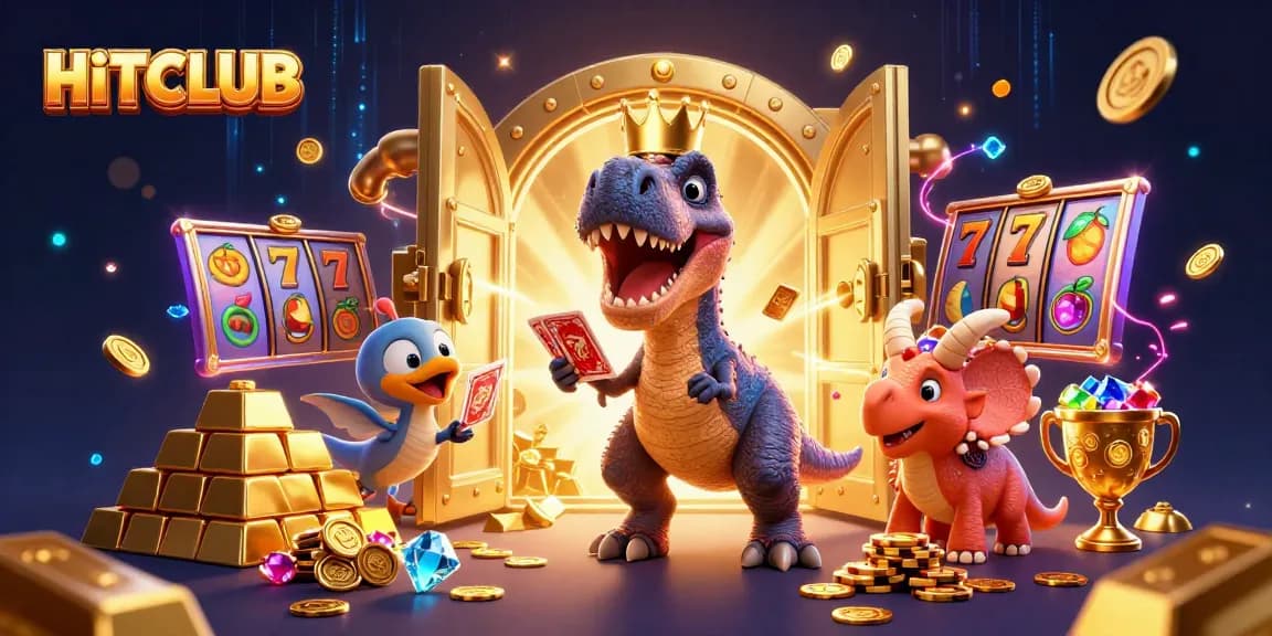 Engage in thrilling gameplay at HITCLUB with colorful slot reels, cards, and treasure