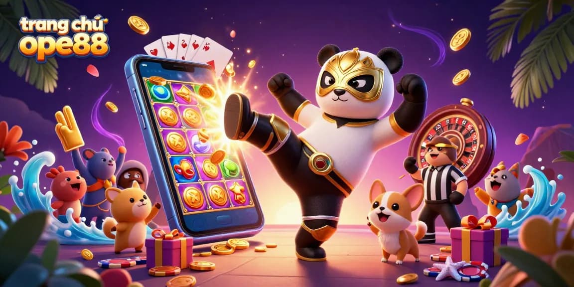 Experience thrilling action at trang chủ ope88 with a dynamic panda wresting amidst colorful casino games.