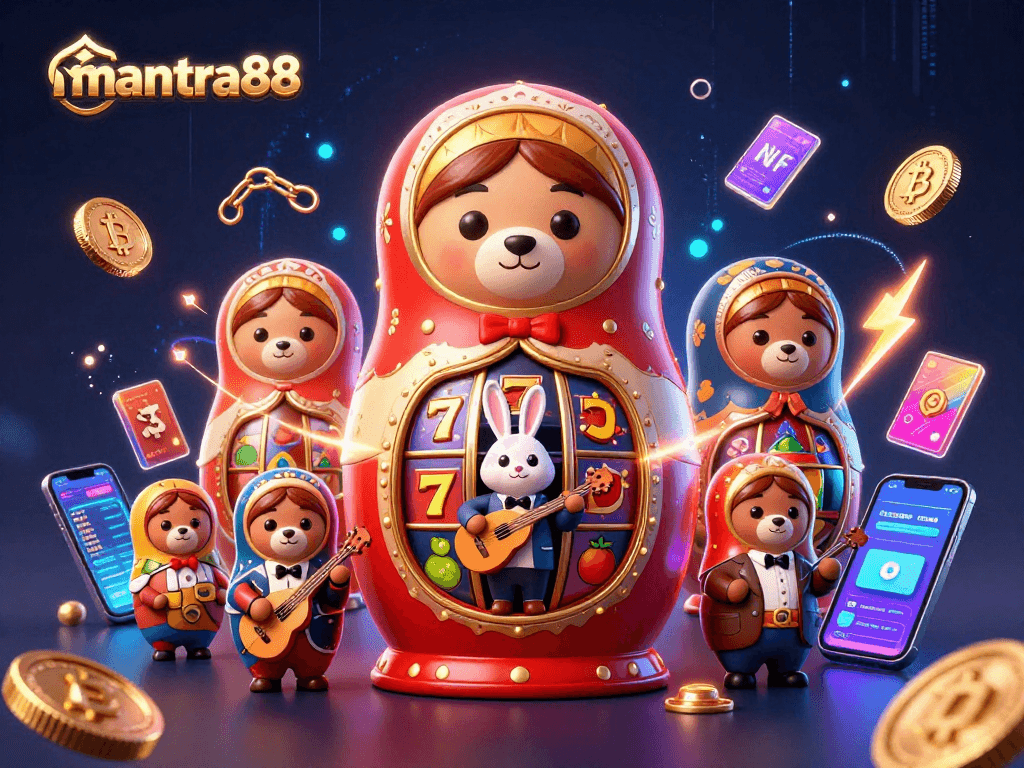 Engage with mantra88 through a lively scene depicting a Matryoshka bear and vibrant casino elements.