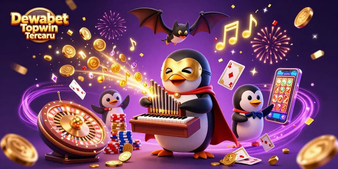 Dewabet Topwin Terbaru showcases an animated penguin playing organ with coins and festive casino elements in dynamic 3D art.