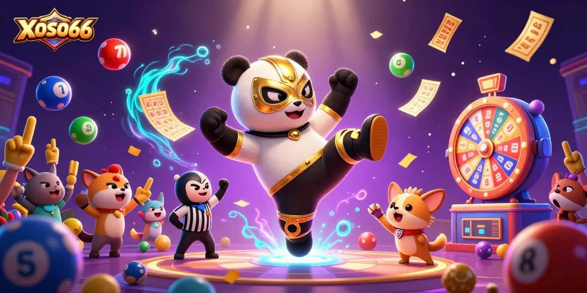 XOSO66 presents a vibrant 3D digital illustration of a panda wrestler in action, embodying casino excitement.