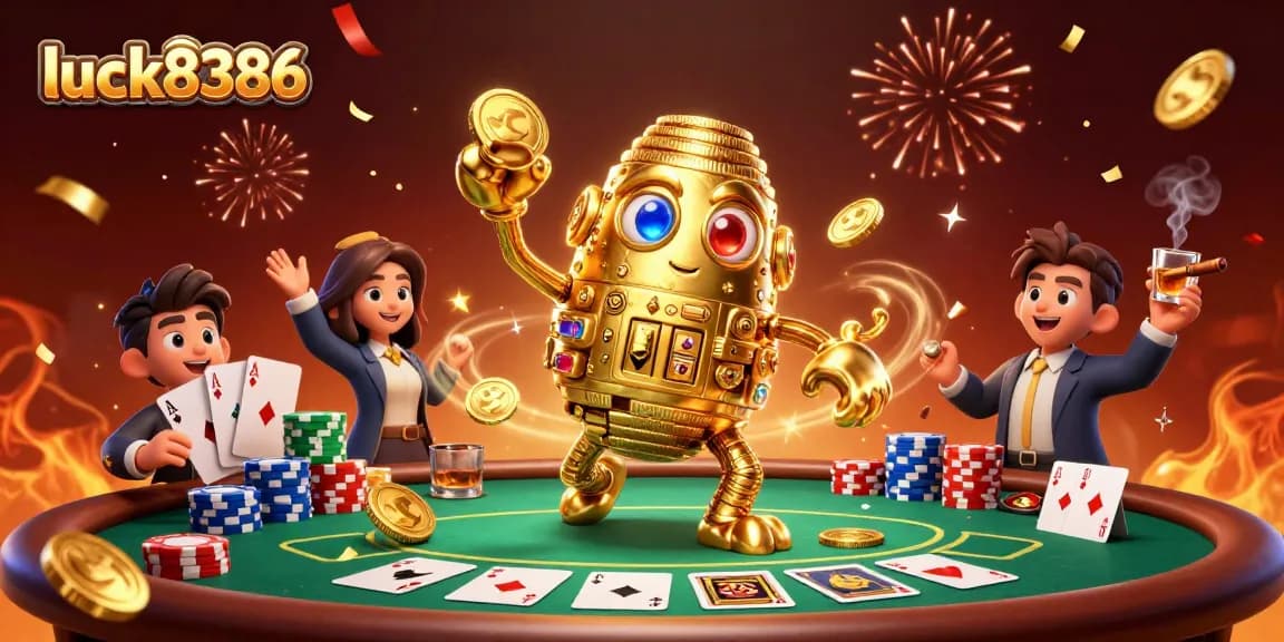Engage with luck8386 in a thrilling casino showdown scene featuring a golden golem and poker elements.