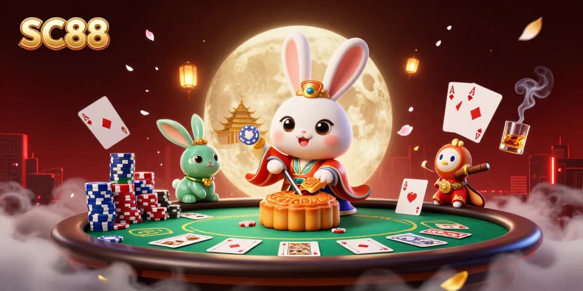 Enhance your SC88 experience with a vibrant scene showing a moon rabbit and jade companion surrounded by poker-themed elements.