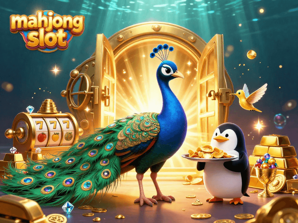 Play exciting mahjong slot games with a whimsical peacock, penguin, and shimmering gems.