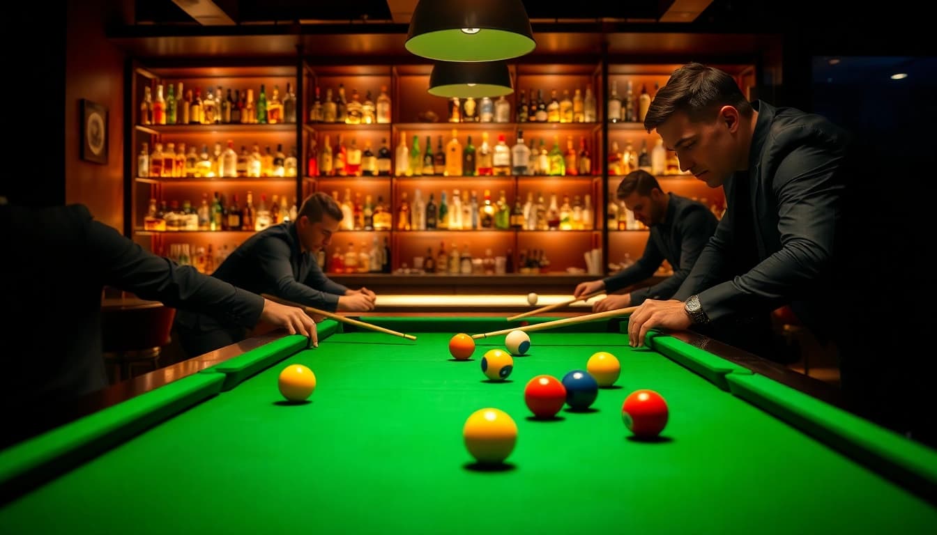 Billiards players compete in a dynamic game at a stylish bar with colorful balls.
