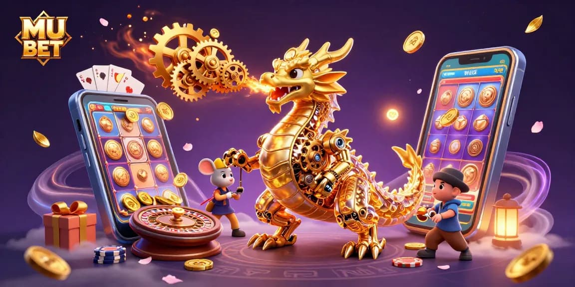 Experience MU BET with an epic 3D dragon scene featuring vibrant casino elements and action-packed games.