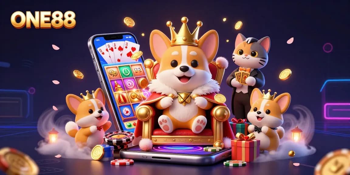 Experience the thrill of gaming at ONE88 with a royal corgi and vibrant casino elements.