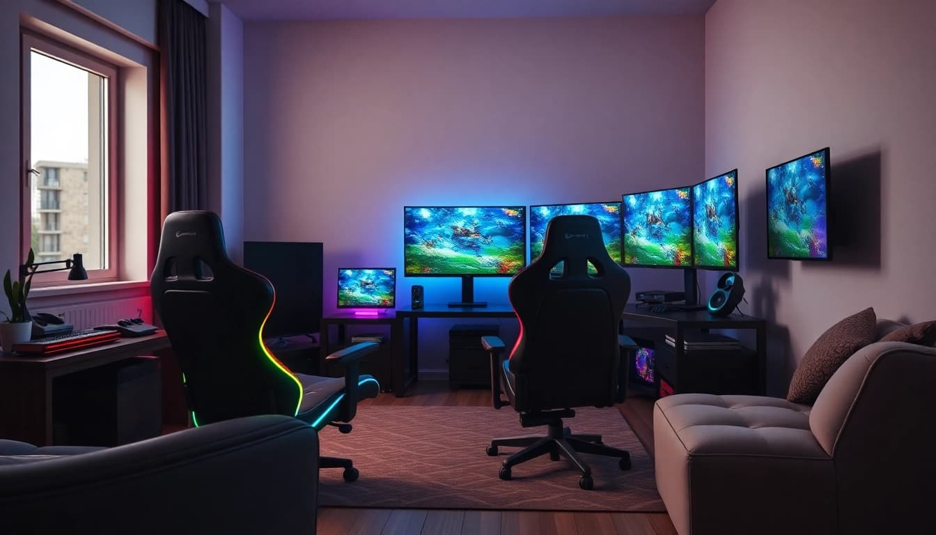 Graj w gaming w nowoczesnym pokoju gier z kolorowymi iluminacjami i sprzętem.