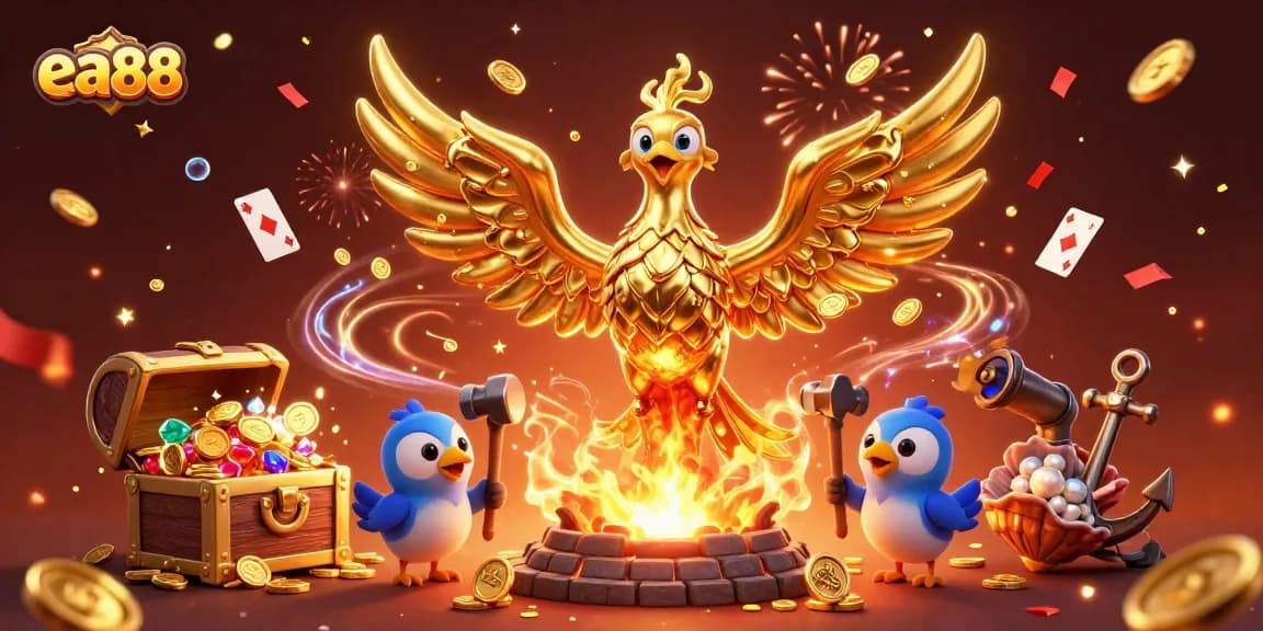 Join the excitement at ea88 with a vibrant phoenix and gambling treasures in a spectacular 3D scene.