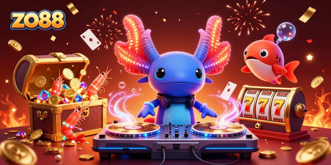 Enjoy thrilling wins at zo88 with a vibrant casino atmosphere featuring 3D axolotl DJ and dynamic elements.