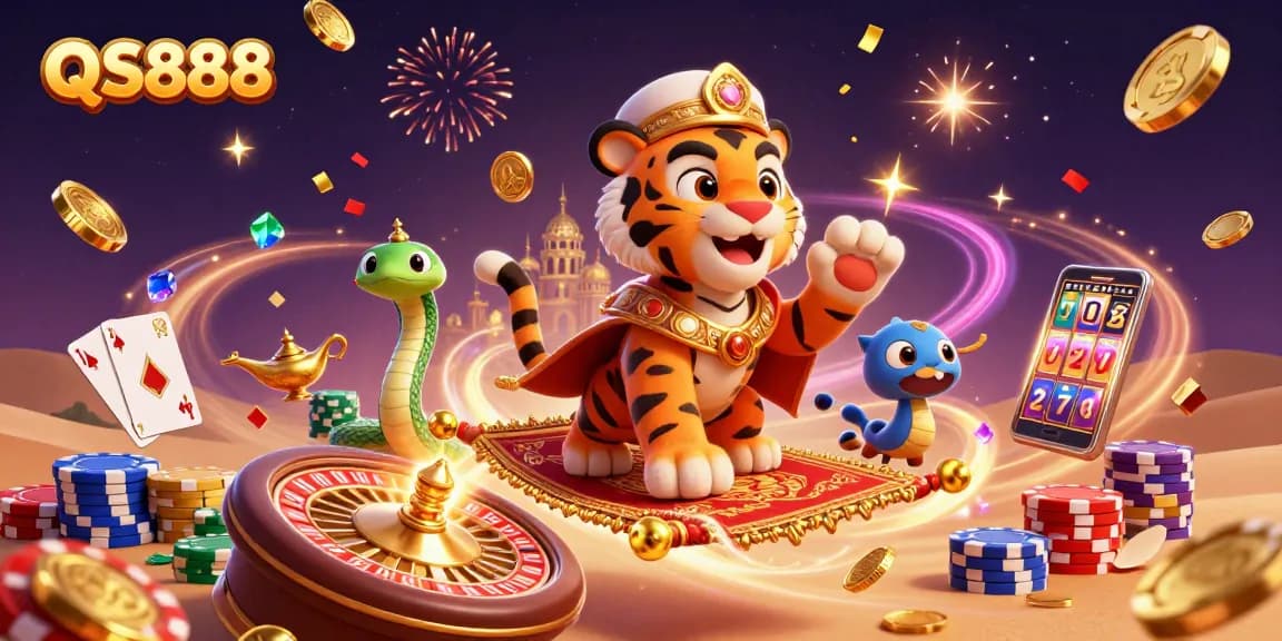 Experience the thrill of QS888 with vibrant casino action of a flying tiger sultan and treasures!