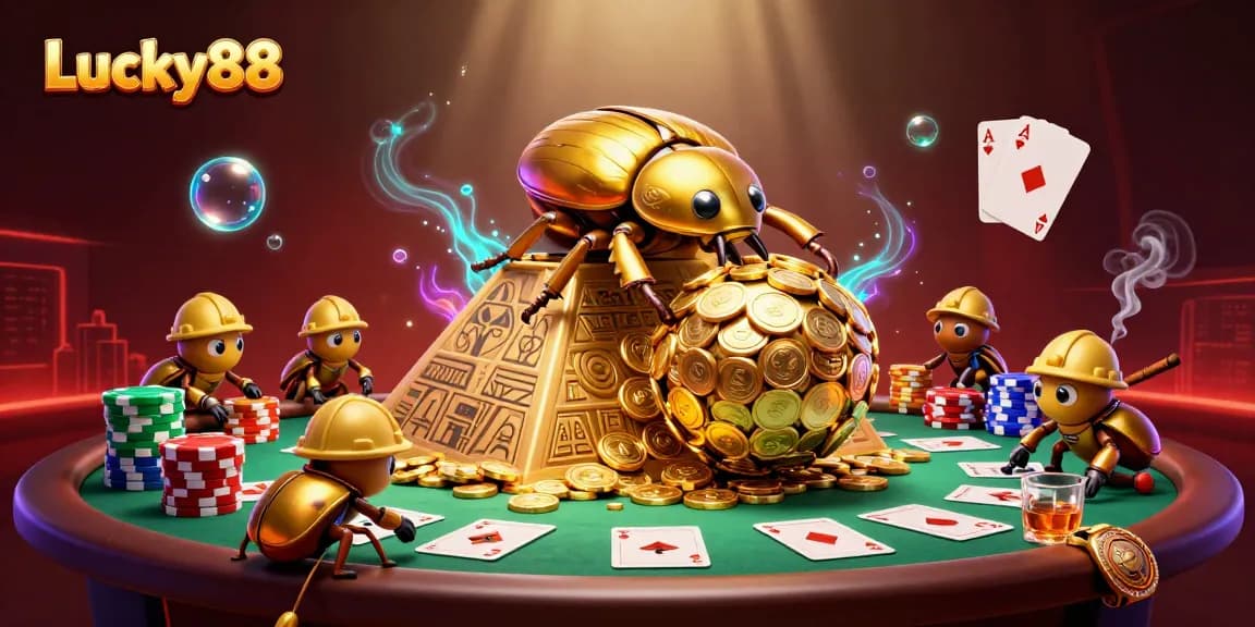 Engage with Lucky88's gaming excitement as golden beetles roll coins towards victory on a vibrant casino backdrop.