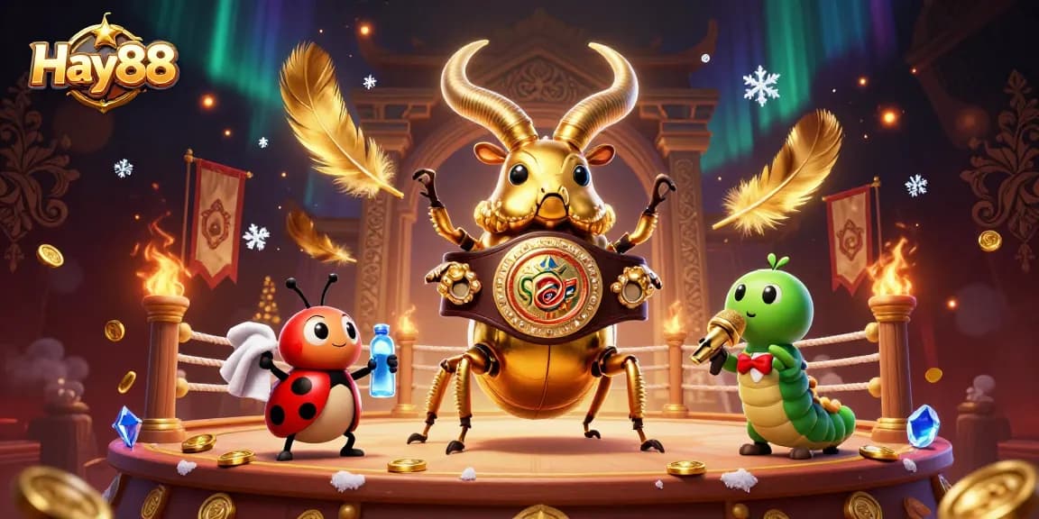 Hay88 offers a vibrant and dynamic illustration featuring a golden stag beetle champion amidst a gambling arena.