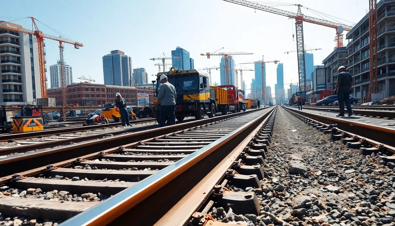 Workers engaged in Railroad Construction, showcasing machinery and teamwork in an urban setting.