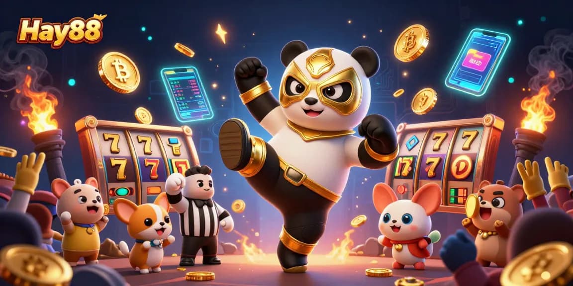 Engage in thrilling casino action with Hay88 as a 3D wrestler panda performs a kick amidst vibrant gaming elements.