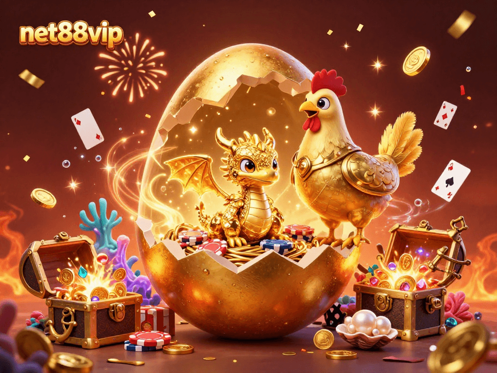 Engage with net88vip's exciting golden dragon poker scene surrounded by treasure and gaming elements.