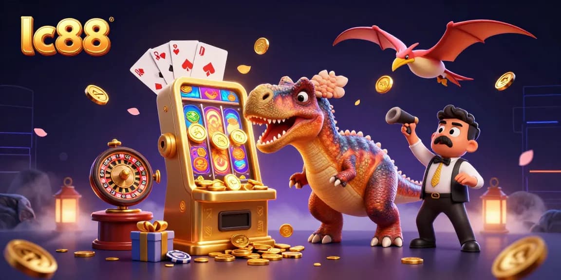 Engage with lc88's exciting jackpot action as a dinosaur hits a slot machine amid swirling coins.