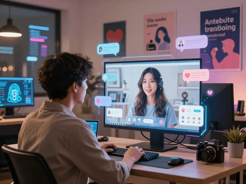 A person interacting with a holographic display of an AI girlfriend, blending technology and companionship in a digital workspace.