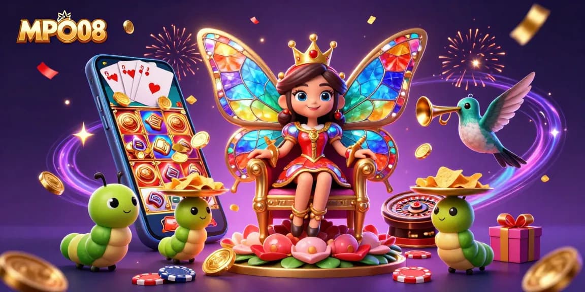 MPO08 showcases an interactive online casino experience with a vibrant, celebratory illustration of characters and gaming elements.
