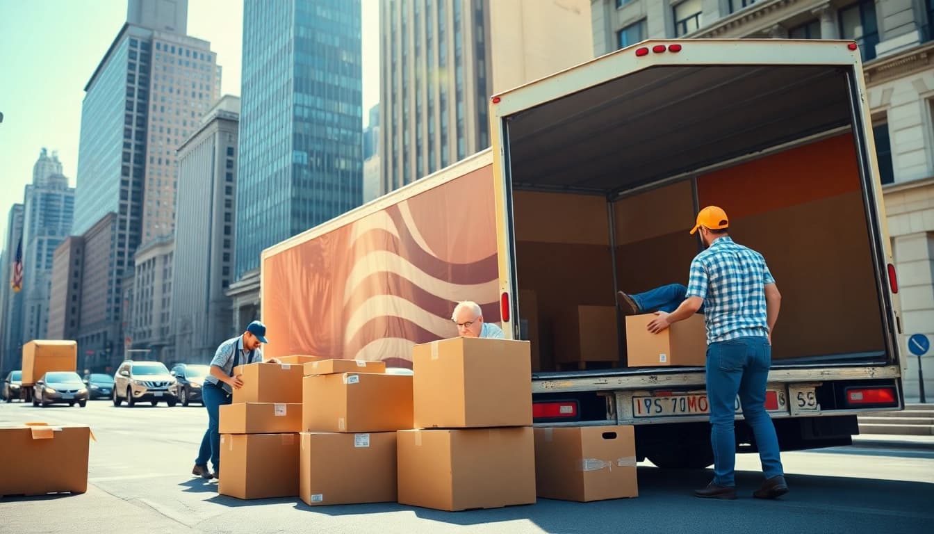 Skilled residential movers nyc efficiently loading a truck with furniture in a bustling New York City scene.