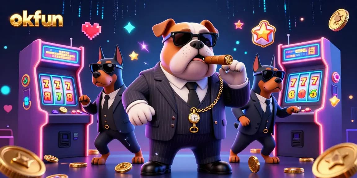 Spin and win with okfun in a vibrant casino scene featuring a mafia boss bulldog and game elements.