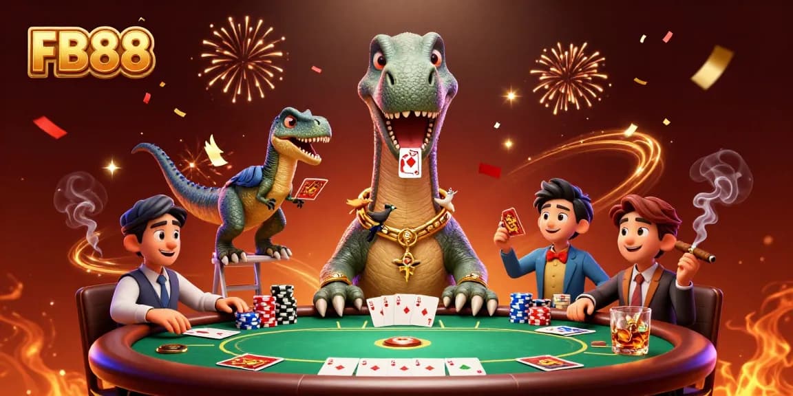 Experience thrilling gaming at FB88 with a whimsical casino scene featuring dinosaurs and poker elements.