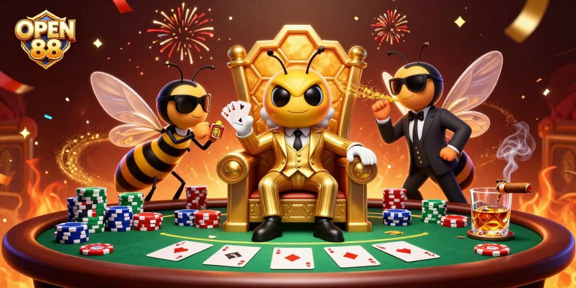 Engage in the exciting world of OPEN 88 with a dynamic 3D casino scene featuring a bumblebee mob boss.