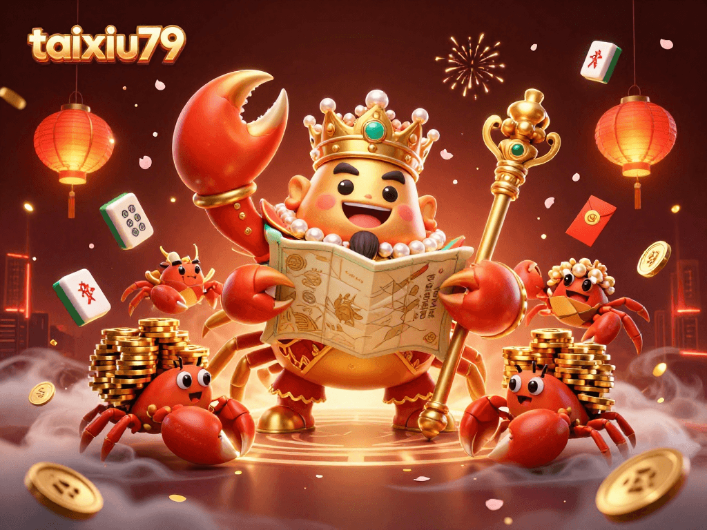 Play TÀI XỈU at taixiu79 with engaging visuals of a golden crab emperor amidst vibrant casino elements.