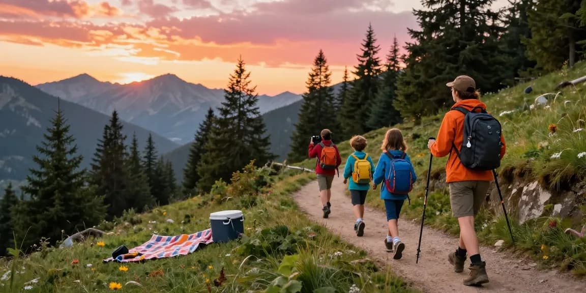 Family adventure hiking together at sunset, showcasing mantra88 outdoor experience.