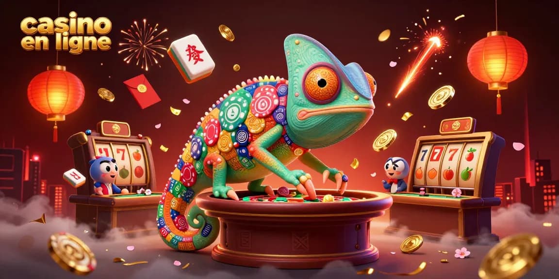 Profitez de l'ambiance d'un casino en ligne avec un caméléon et des éléments enflammés.