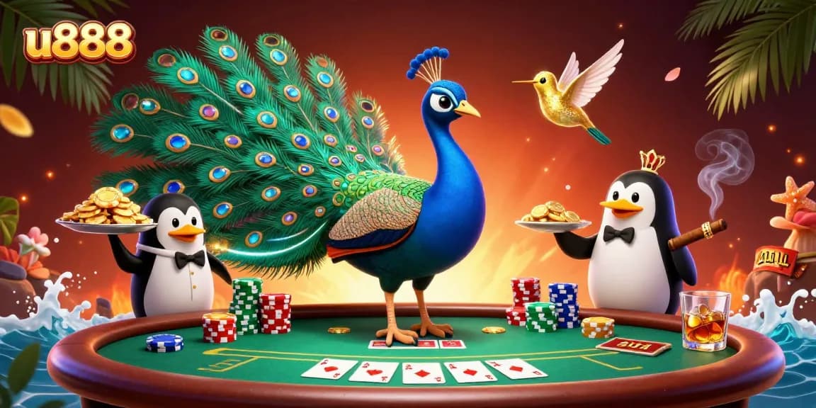 Experience thrilling poker action with u888, featuring a peacock, a butler penguin, and a hummingbird.