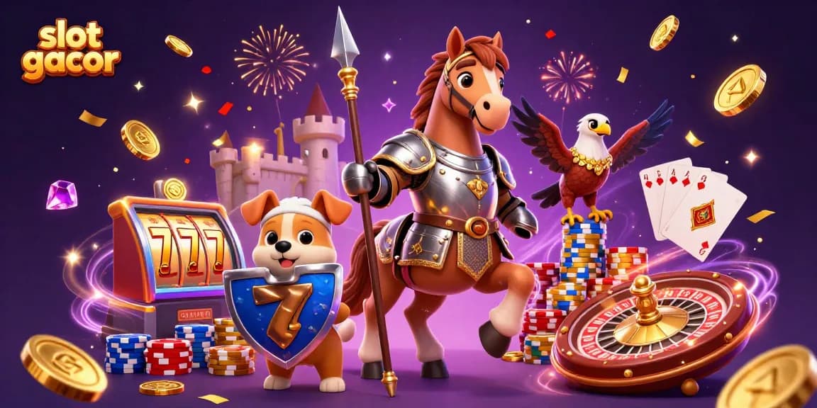 Experience the thrill of slot gacor with this vibrant casino scene of winning icons and characters.