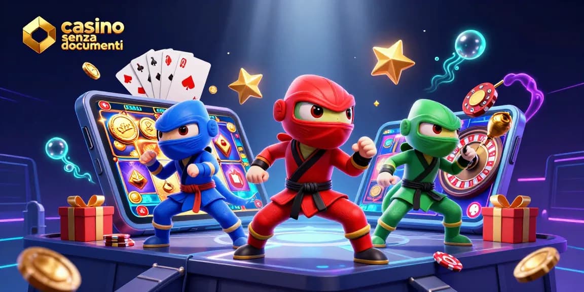 Visualizza un'illustrazione 3D di un team di camaleonti ninja che eseguono pose di arti marziali, rappresentante casino senza documenti.