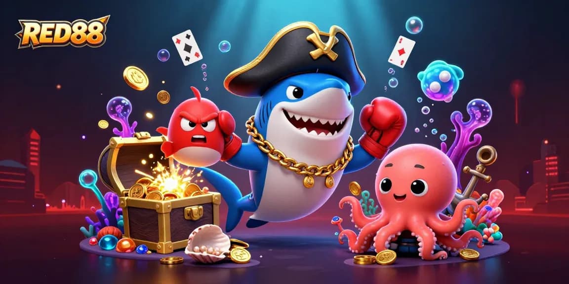 Engage with RED88's vibrant casino scene featuring dynamic characters and rich gaming elements.