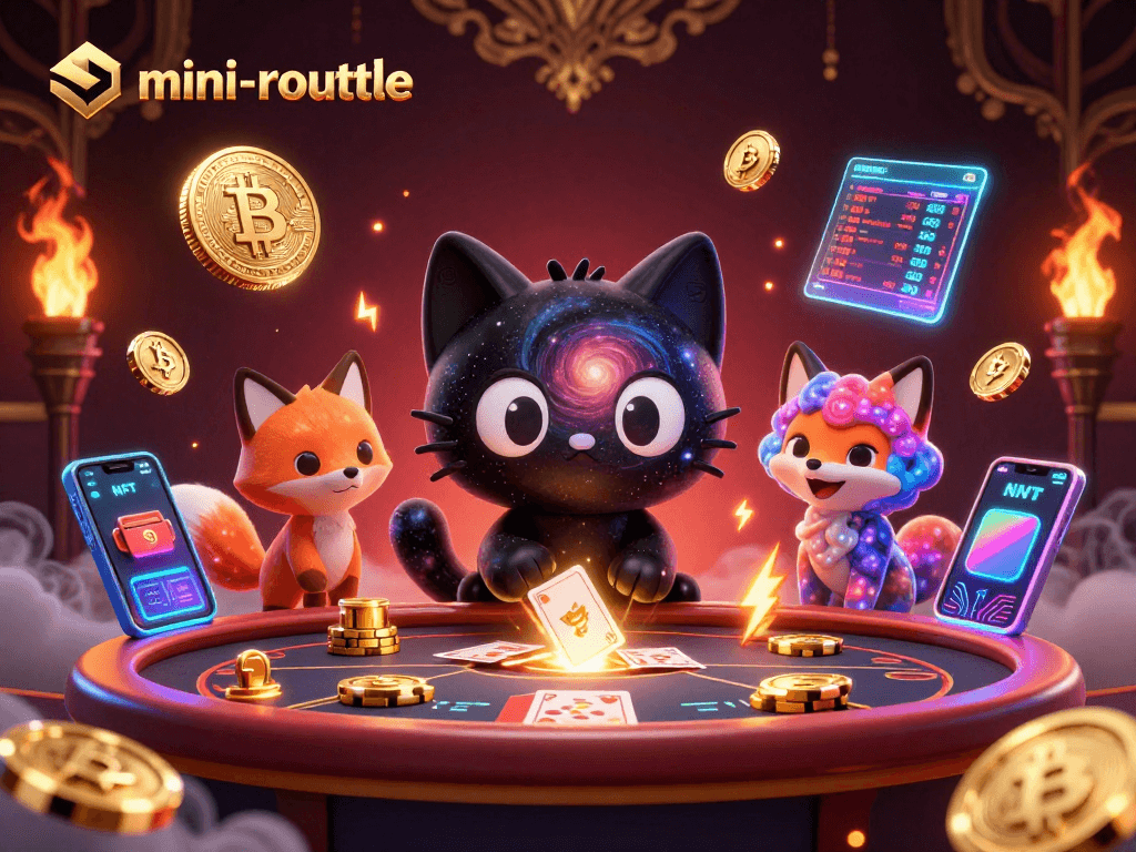Experience the excitement of mini-roulette with a cosmic cat and fox at a vibrant casino table.