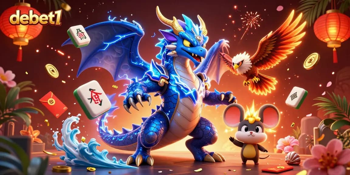 Engage with debet1's electrifying casino scene featuring dynamic characters and slot game elements.