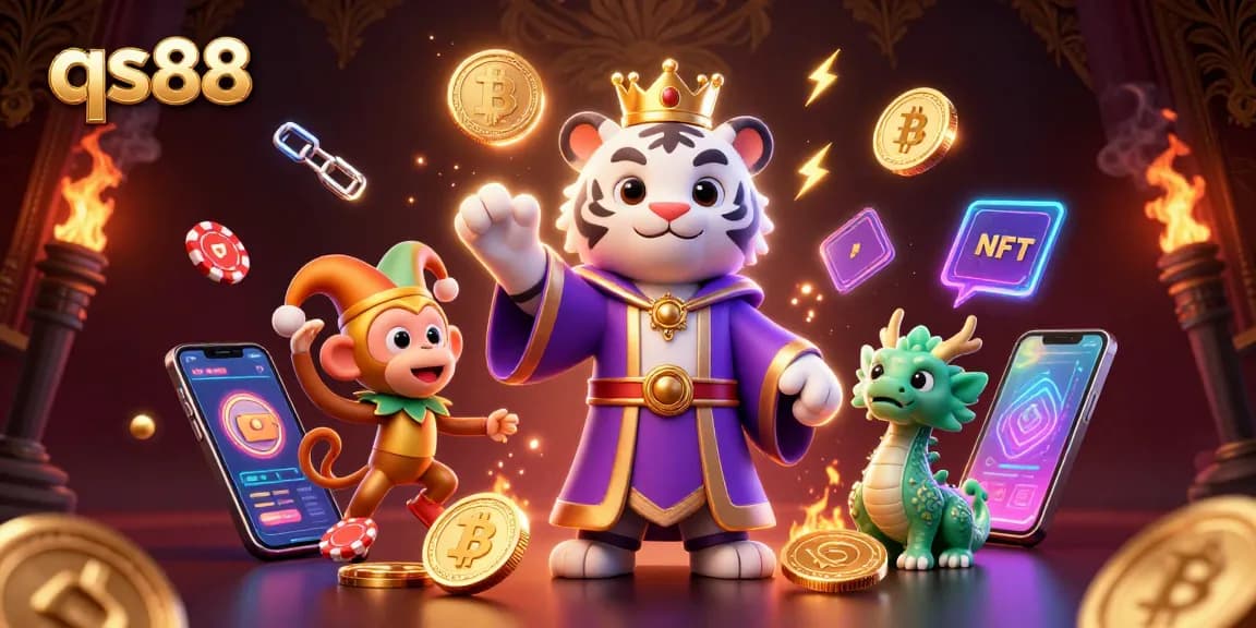 Experience the thrill of qs88 with vibrant casino elements and 3D characters in this captivating illustration.