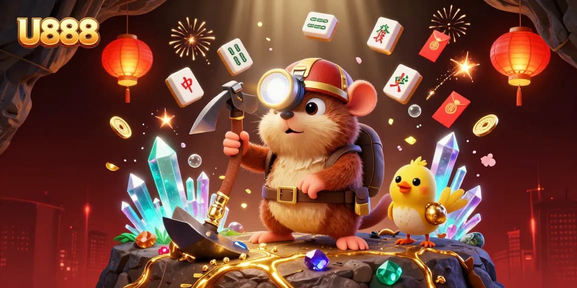 Catch the excitement of U888 with treasure hunter mole mining gems amidst a vibrant casino-themed backdrop.