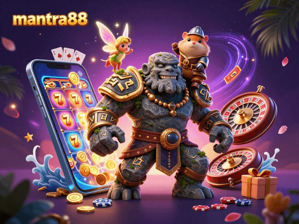 Experience thrilling gameplay with mantra88 and magical characters in vibrant 3D casino illustration.