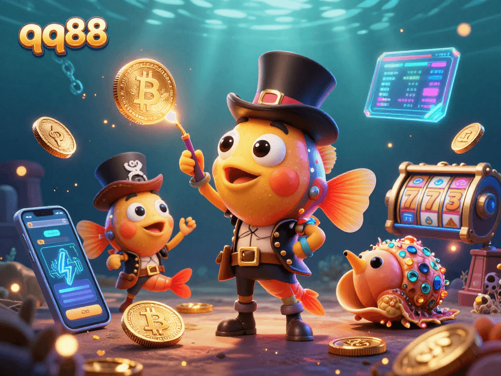Spin to win with qq88: Dive into vibrant underwater casino action featuring golden coins and crypto elements