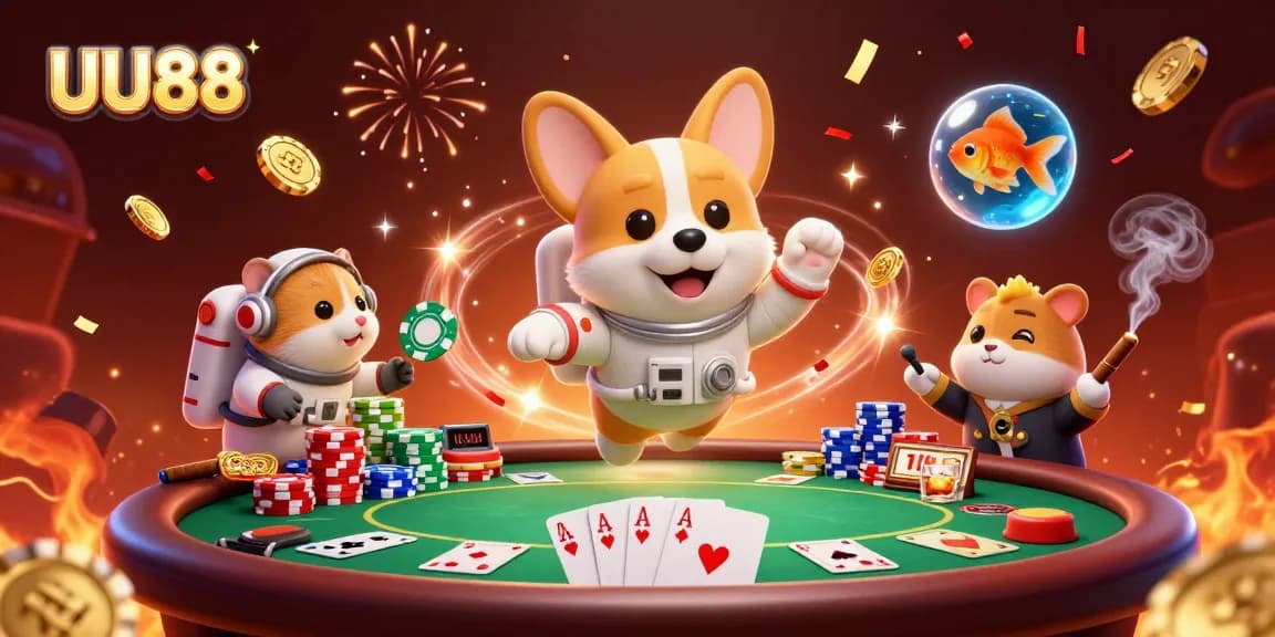 Experience thrilling gaming moments at UU88 with astronauts, poker chips, and festive confetti